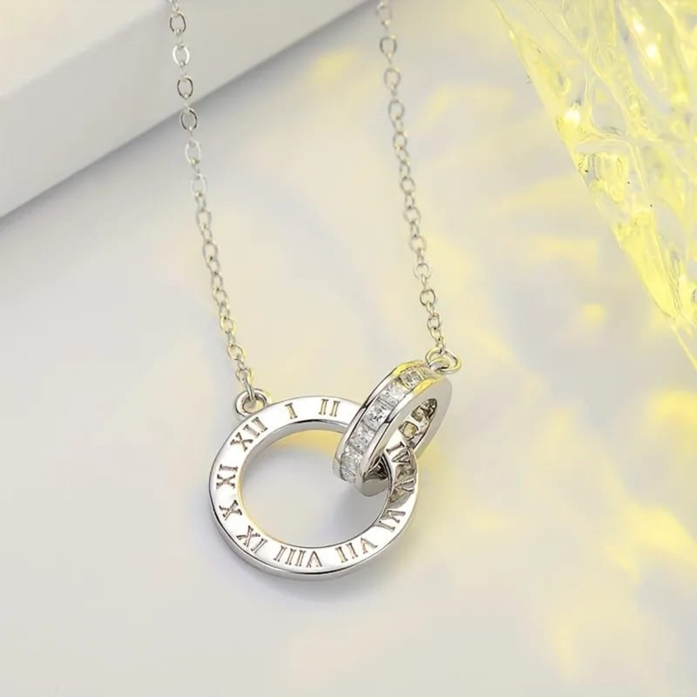 925 Sterling Silver Roman Key Crossed Circles Pendant Necklace
